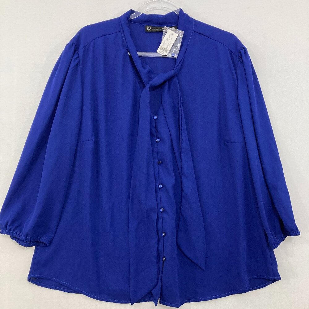 NWT New York & Company size XXL Blue Tie Front 3/4 Sleeve Soft Button Up Office